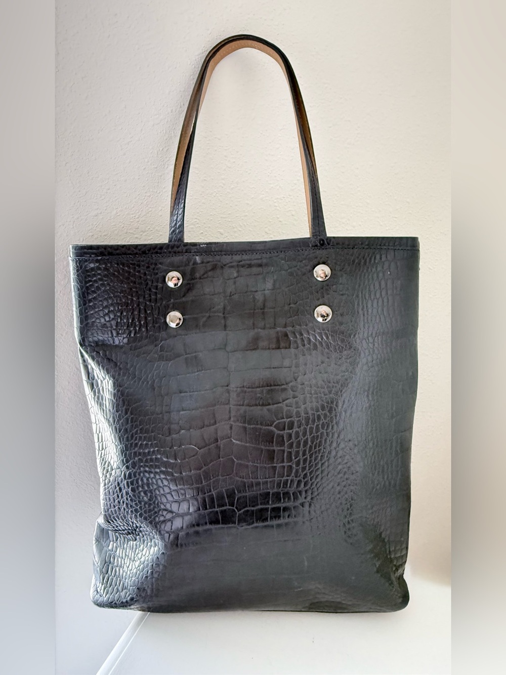 KUHO | Ink Navy Blue Croc Embossed Leather Tote Bag Handbag | Korean Minimalism